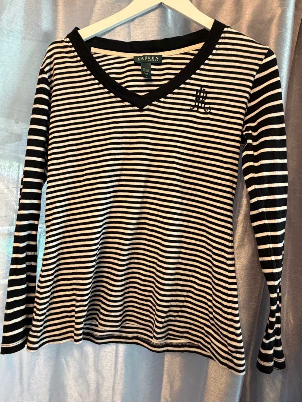 Lauren Ralph Lauren Black & White Striped V-Neck Long Sleeve Top